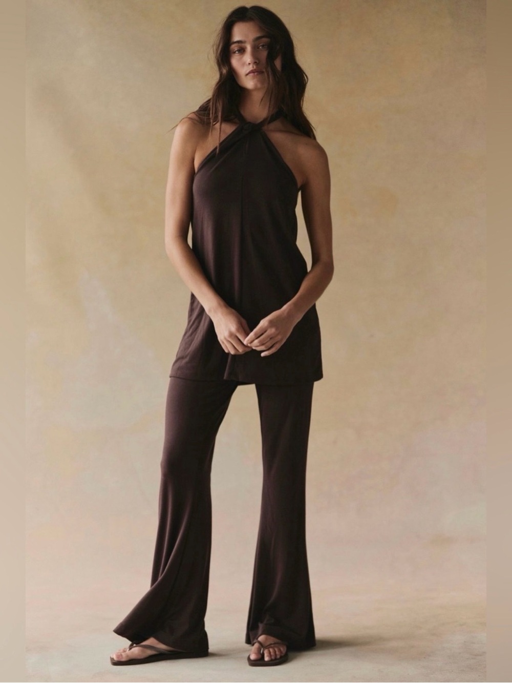 Free People Chocolate Brown Halter Tunic & Flare Pants